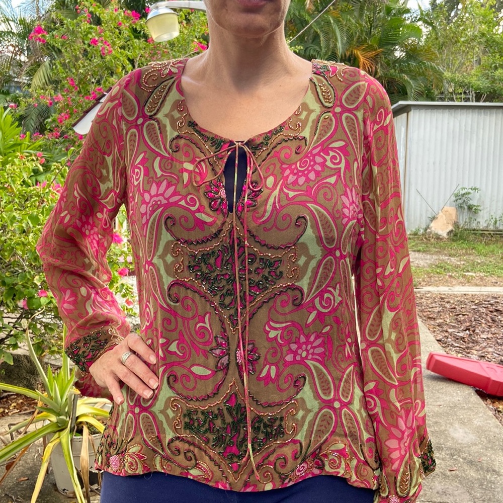 Tracy Reese Pink Mint Green Paisley Floral Print Sheer Beaded Blouse!
